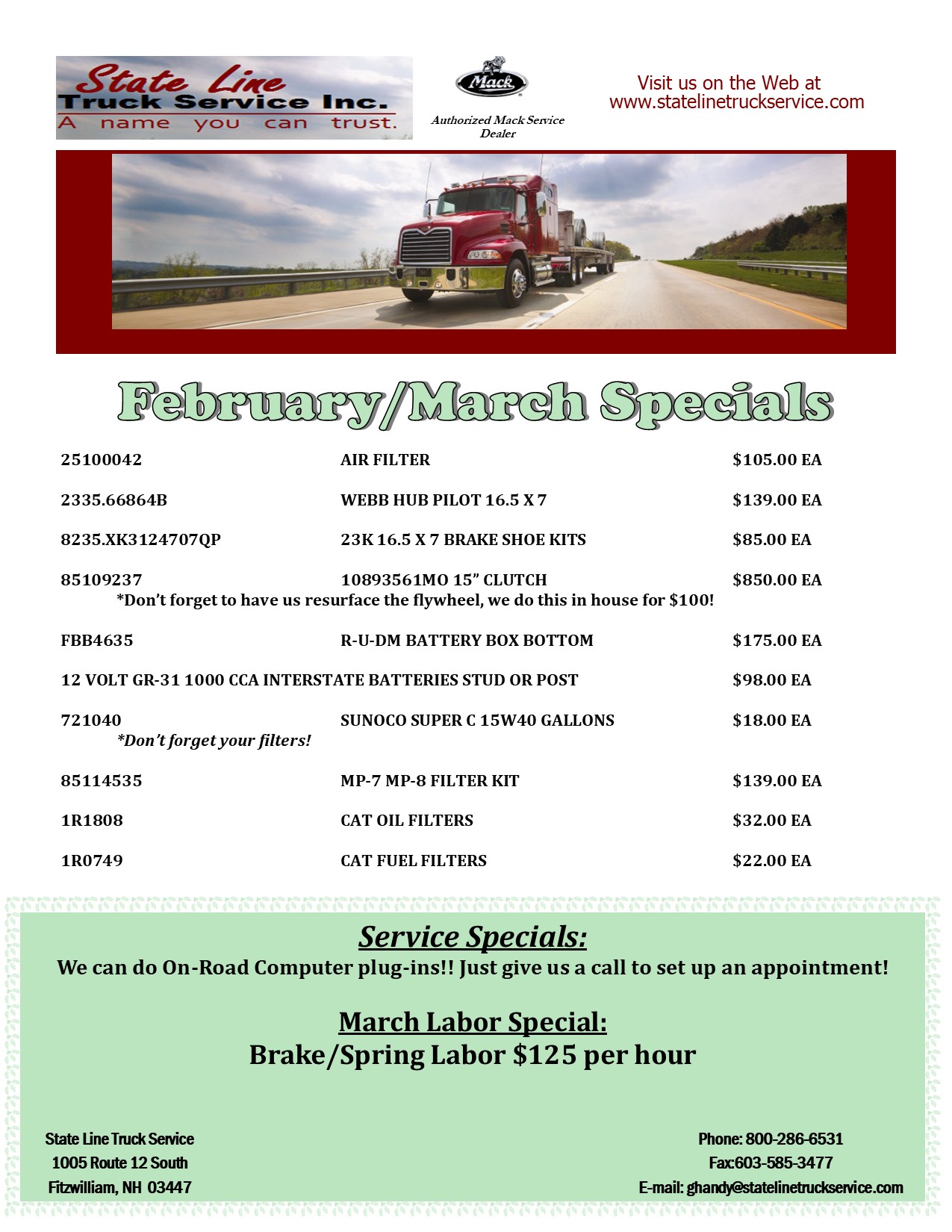 FEBMARCH2026 Stateline Trucking February and March Specials